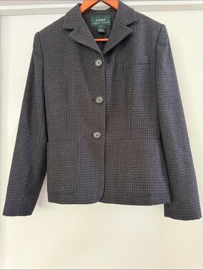 Lauren Ralph Lauren grey grid wool three-button blazer size 8 patch pockets